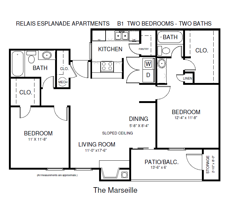 Floor plan for 2 beds, 2 baths, 928 sqft